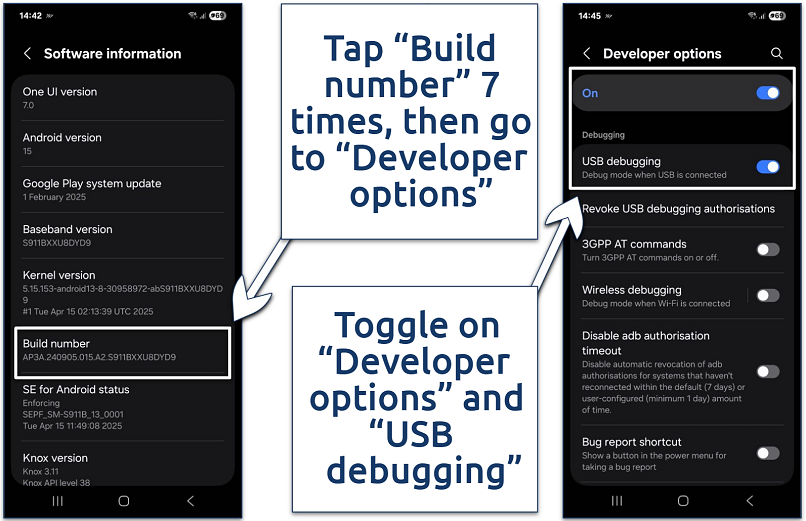 Screenshots of the developer device settings on Android
