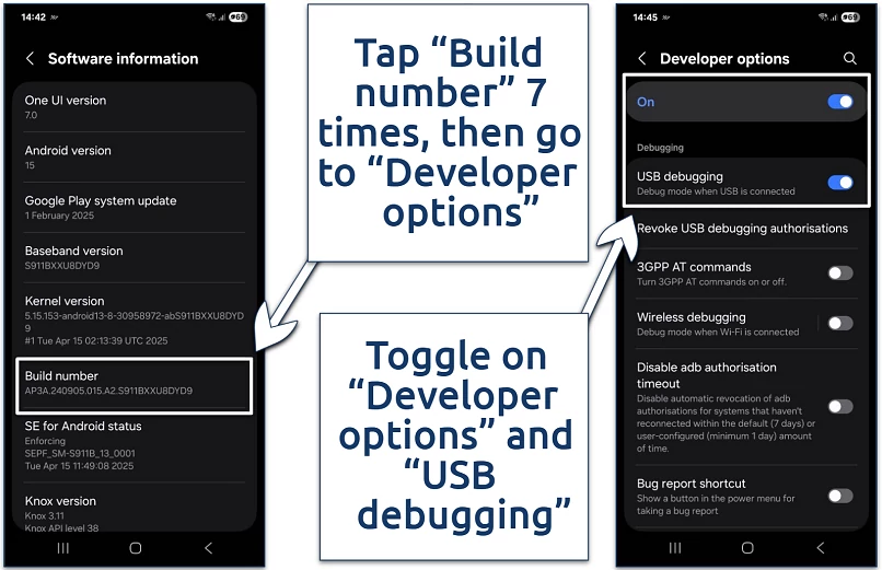 Screenshots of the developer device settings on Android