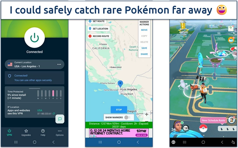 Screenshots from left to right: Mobile VPN app connected to a Los Angeles server, GPS Joystick set to Los Angeles, and the Pokémon GO interface