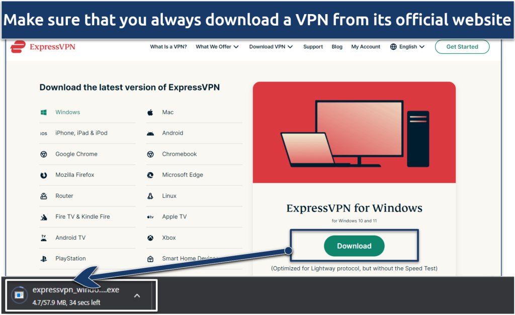A screenshot showing how to download ExpressVPN
