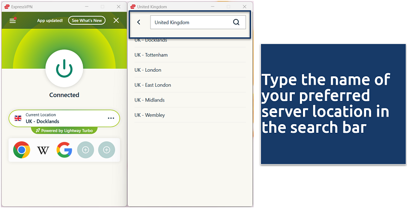 A screenshot showing how to connect to a specific server in the ExpressVPN app
