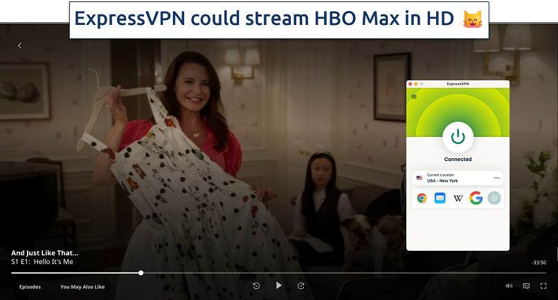 Screenshot of the movie streaming on HBO Max with the ExpressVPN app in the background