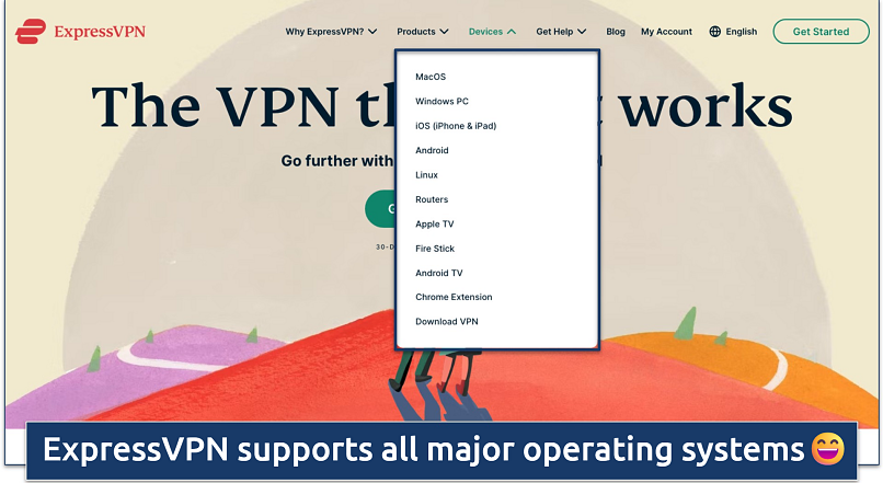 Screenshot of the compatible device list on the ExpressVPN landing page
