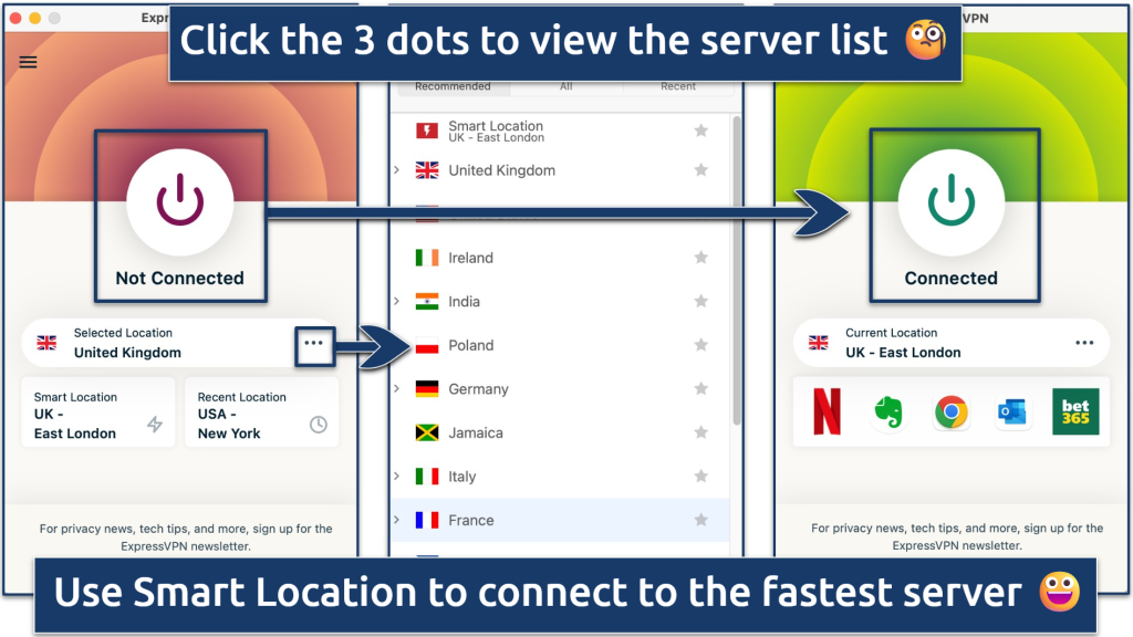 Screenshots showing the ExpressVPN home screen and server list