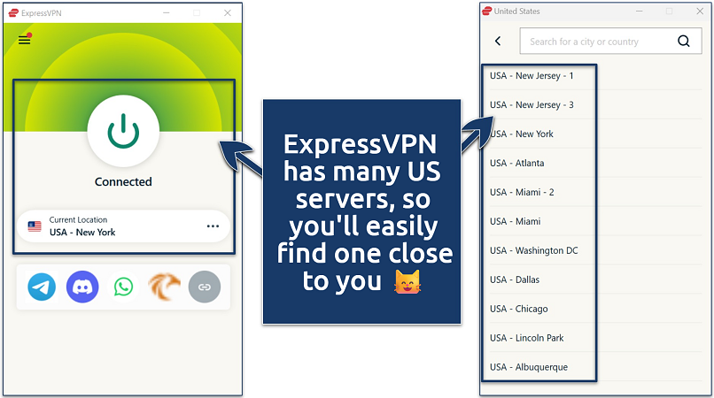 A screenshot of the ExpressVPN Windows app showing US servers, with a connection to the New York server
