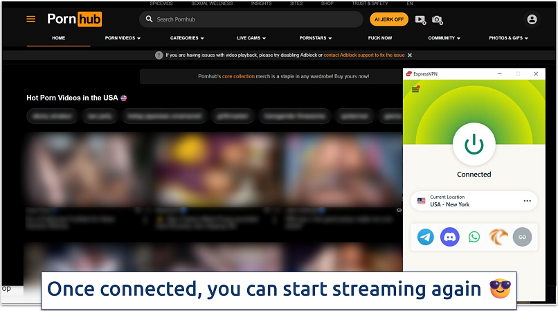 Screenshot of Pornhub's homepage with blurred thumbnails with ExpressVPN's app connected to a New York server