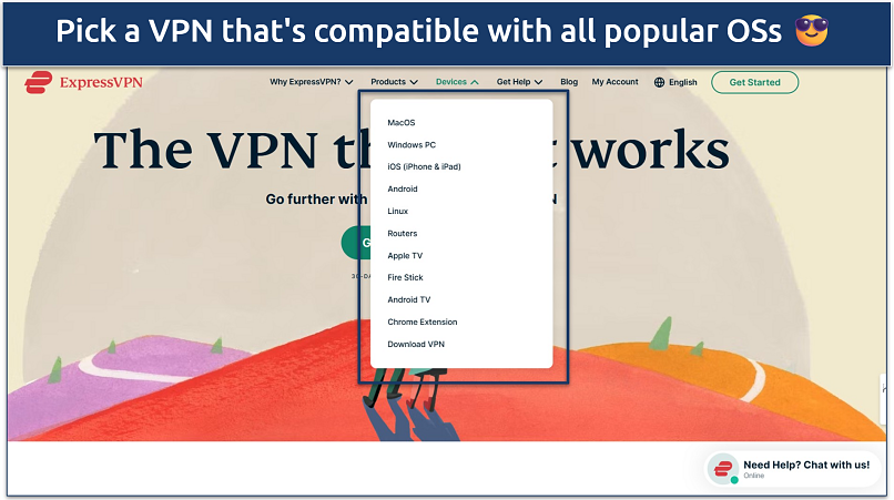 Screenshot of a list of platforms that ExpressVPN supports