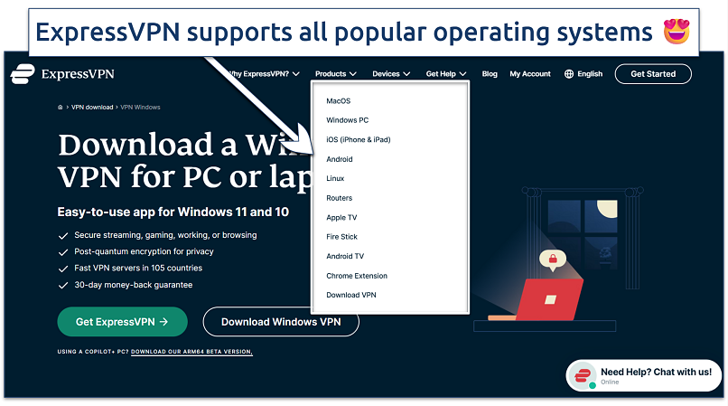 Screenshot of ExpressVPN's website with supported devices highlighted