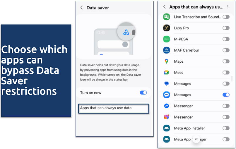 A screenshot of Samsung Data Saver settings showing the whitelist for apps that can always use data
