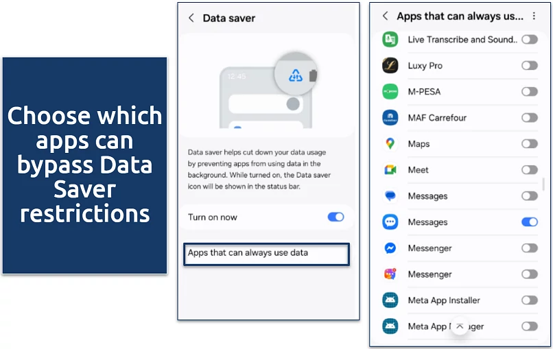 A screenshot of Samsung Data Saver settings showing the whitelist for apps that can always use data