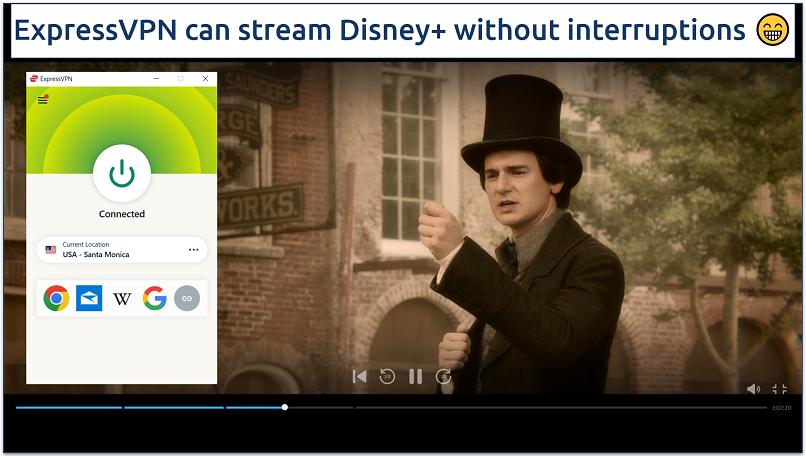 Screenshot showing image of Abraham Lincoln: Vampire Hunter being played with ExpressVPN's Santa Monica server in the US