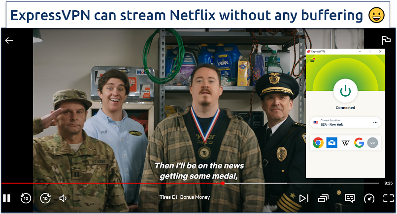 Screenshot showing Tires playing on Netflix US with ExpressVPN connected to the New York Server