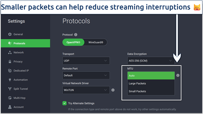 Screenshot of PIA’s app showing available connection settings under the OpenVPN protocol