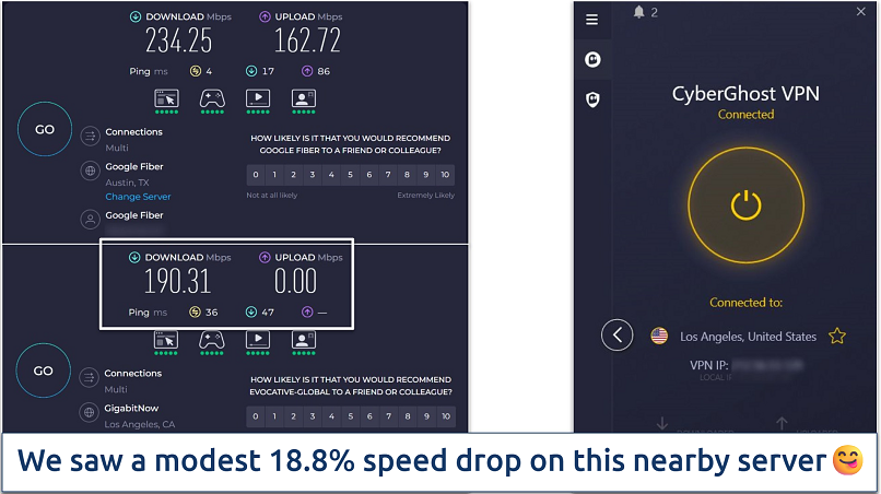 A screenshot of Ookla speed tests done while connected to CyberGhost's Los Angeles server and with no VPN connected
