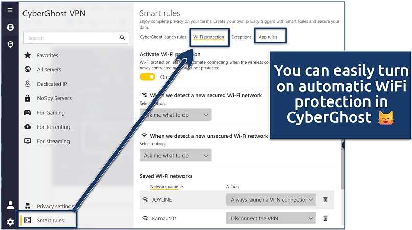 Screenshot showing it's easy to enable automatic WiFi protection in CyberGhost