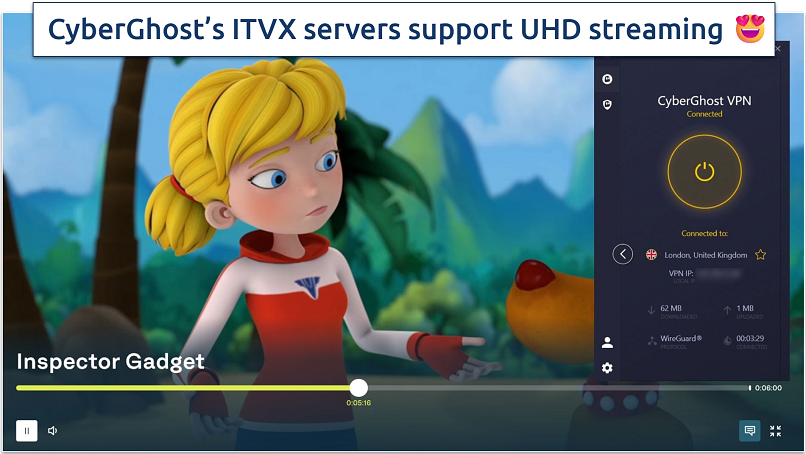 Streaming Inspector Gadget on ITVX while connected to CyberGhost's ITVX optimized server