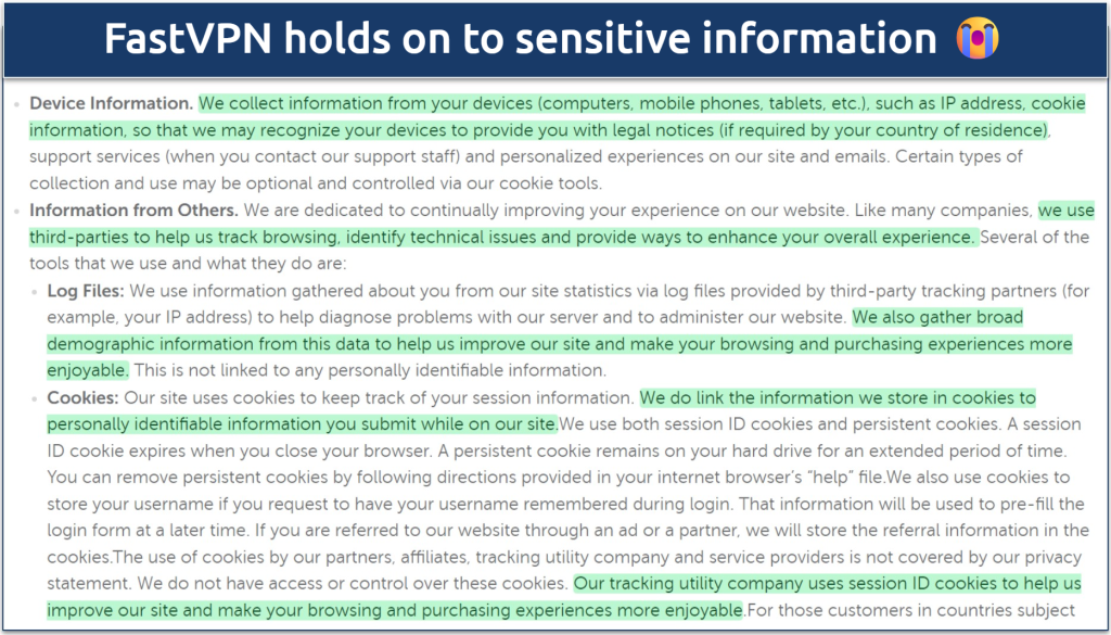A screenshot showing FastVPN holds onto sensitive information like IP addresses
