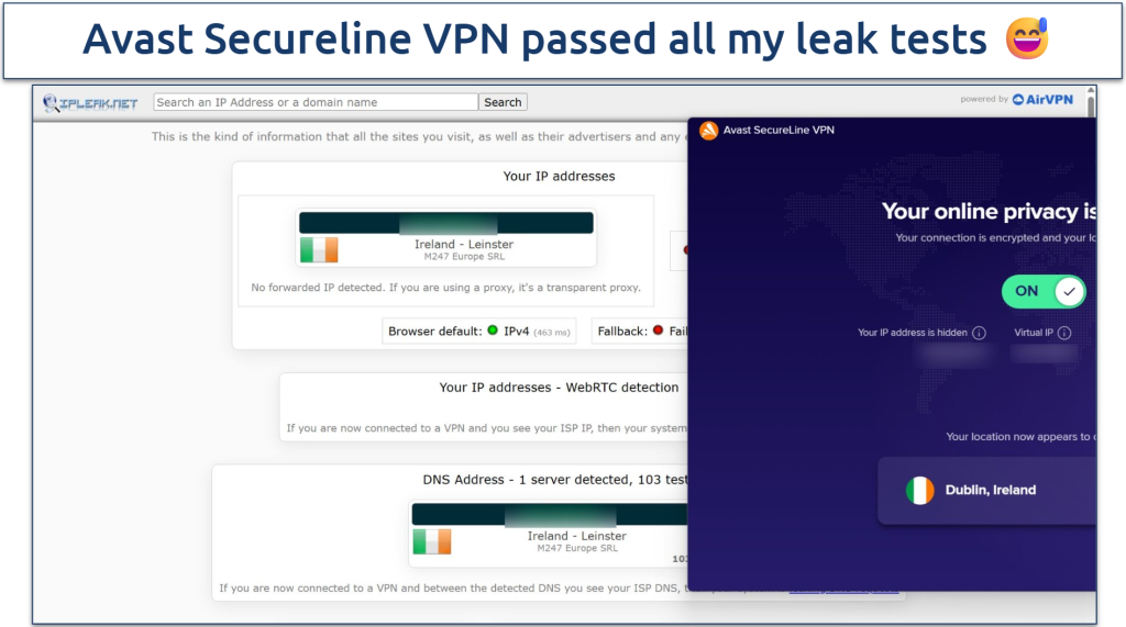 Screenshot of a leak test performed on ipleak.net while connected to Avast SecureLine VPN's Ireland server