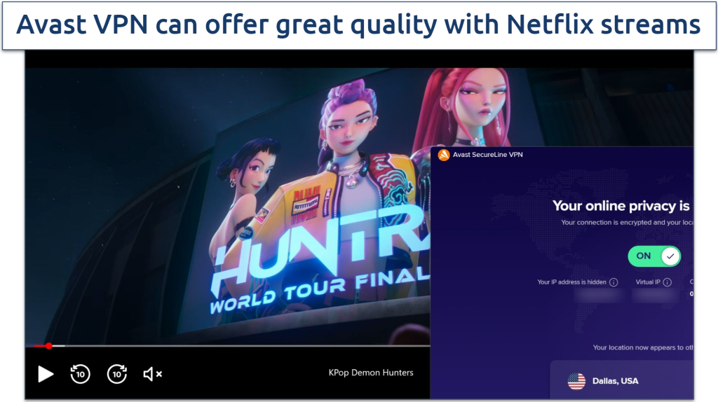 Screenshot of Netflix player streaming KPop Demon Hunters while connected to Avast Secureline VPN's Dallas server 