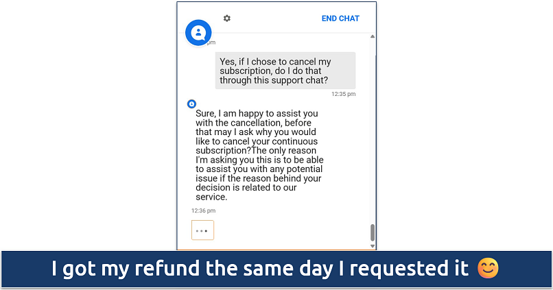 Screenshot of a live chat conversation with Avast SecureLine VPN's support staff where I was approved for a refund