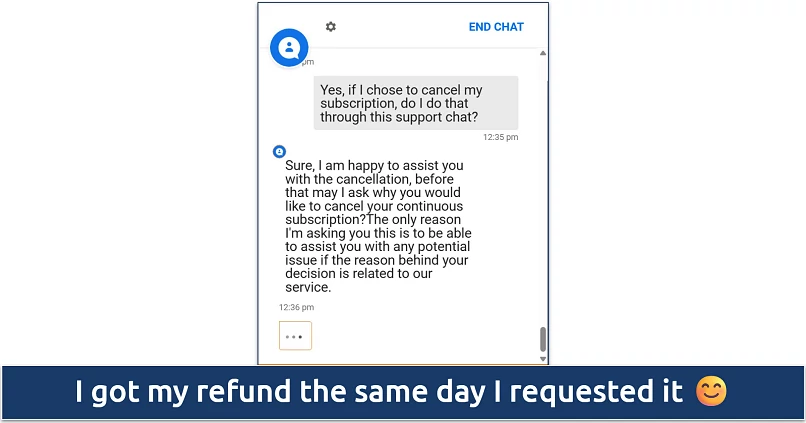 Screenshot of a live chat conversation with Avast SecureLine VPN's support staff where I was approved for a refund