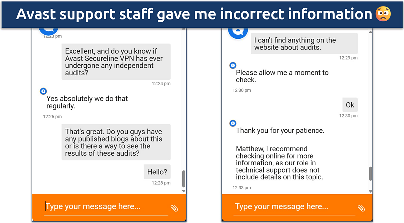 Screenshot of a conversation with Avast's support staff where they claimed the VPN has undergone audits when it hasn't 