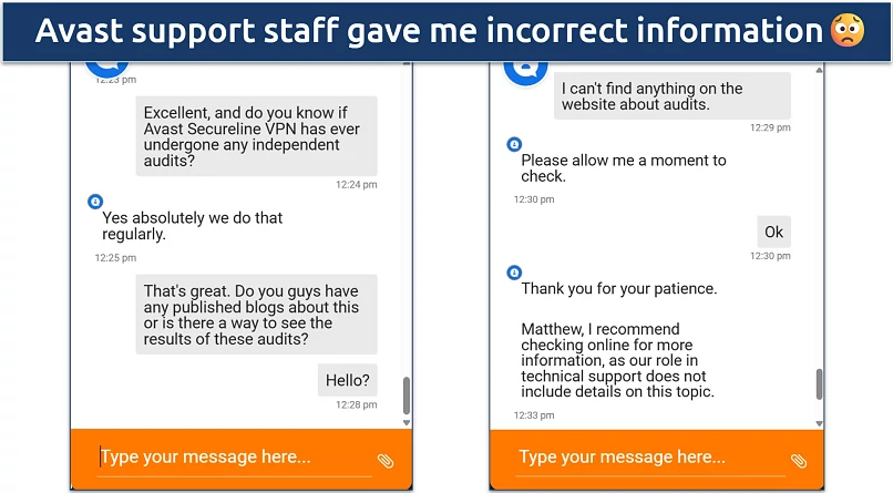 Screenshot of a conversation with Avast's support staff where they claimed the VPN has undergone audits when it hasn't 