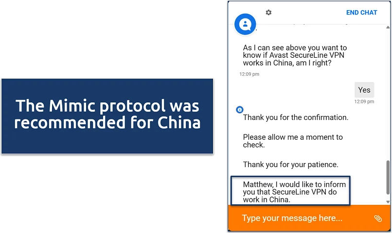 Screenshot of Avast Secureline's Live Chat where an agent claimed the VPN works in China