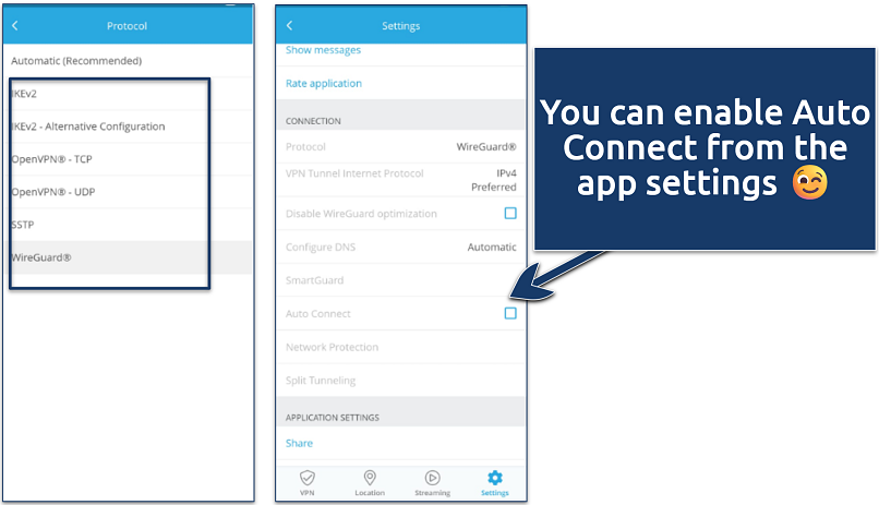 Screenshot showing how to enable Auto Connection on hide.me's Android app