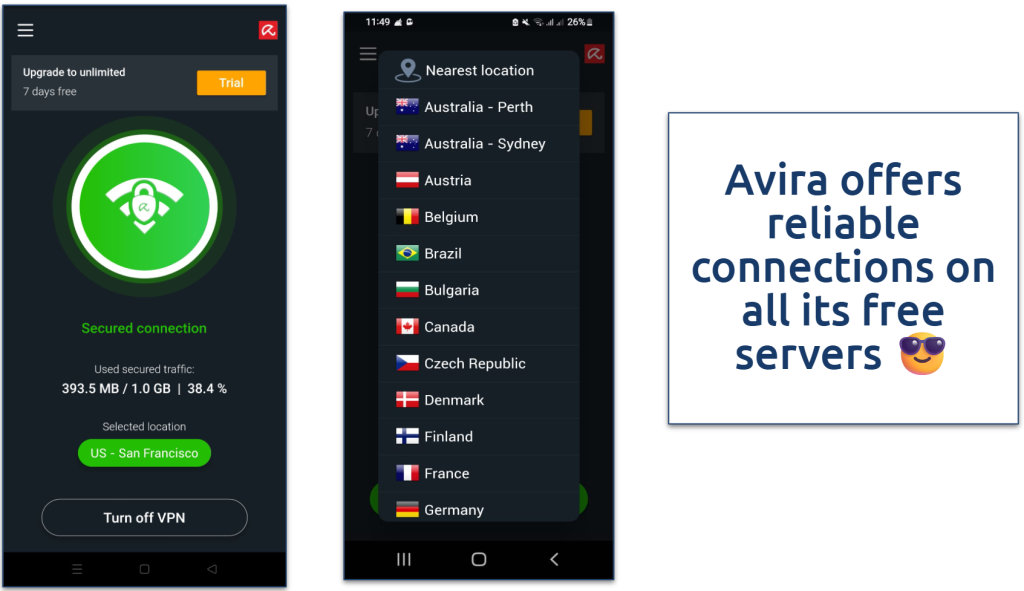 Screenshot of Avira Phantom VPN server list