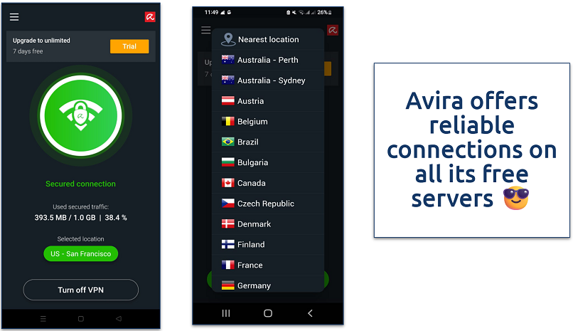 Screenshot of Avira Phantom VPN server list