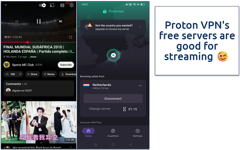 A YouTube video streaming on Android with Proton VPN connected