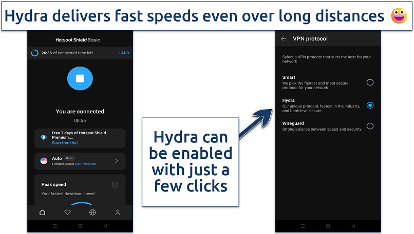 Screenshot showing how to enable Hotspot Shield's Hydra protocol