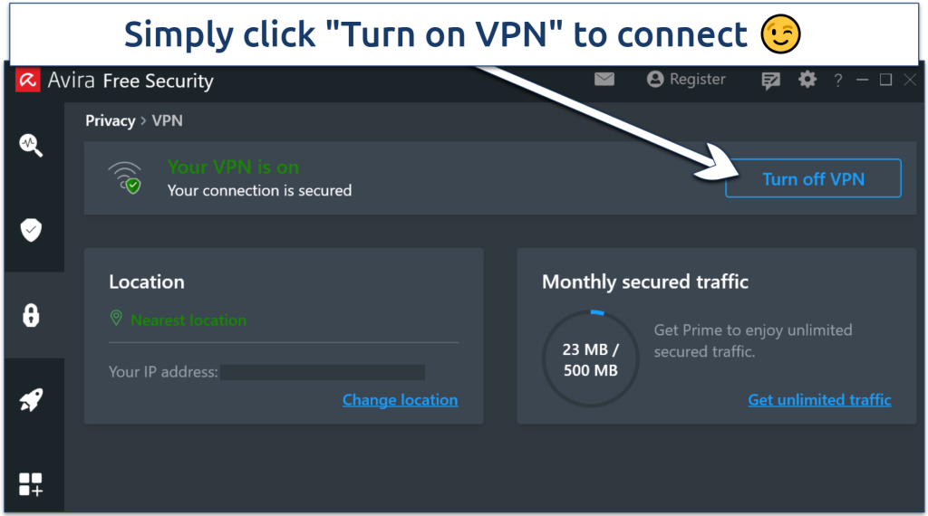 Avira Free Security dashboard showing VPN connected