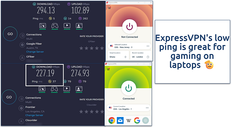 ExpressVPN app interface showing minimal speed drops
