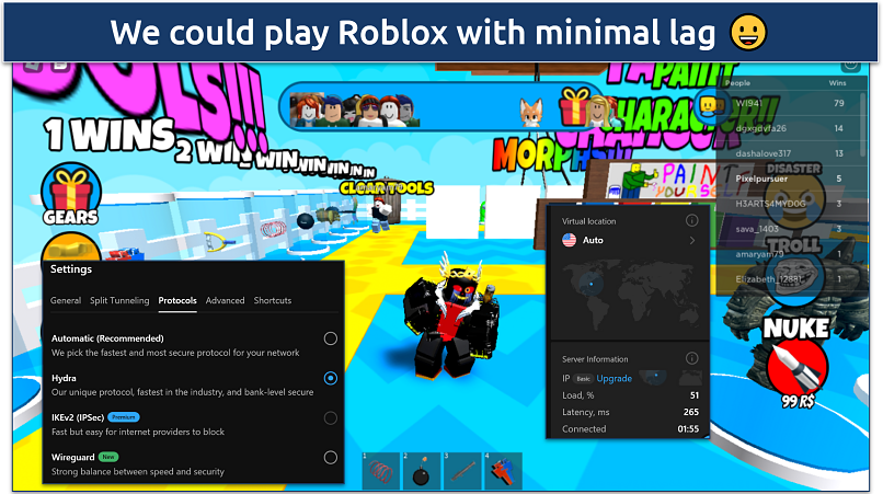 A screenshot of Roblox game screen with Hotspot Shield connected to a virtual server