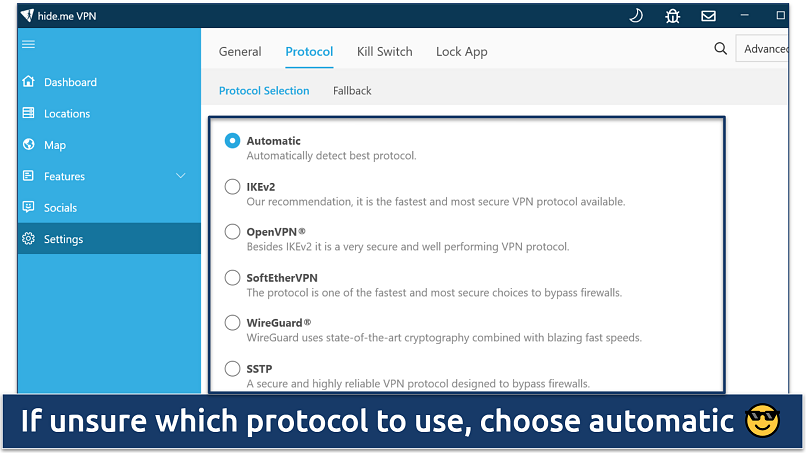 a screenshot of hide.me VPN settings panel showing various VPN protocols