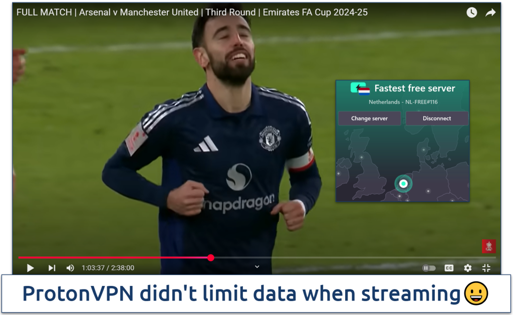  A football match streaming with a Proton VPN server connected to the Netherlands