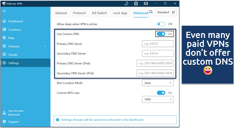 Screenshot of the advanced VPN settings in the hide.me Windows app