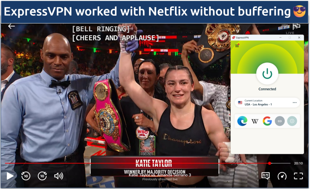 Screenshot of streaming Taylor vs Serrano boxing live on Netflix while connected to an ExpressVPN LA server