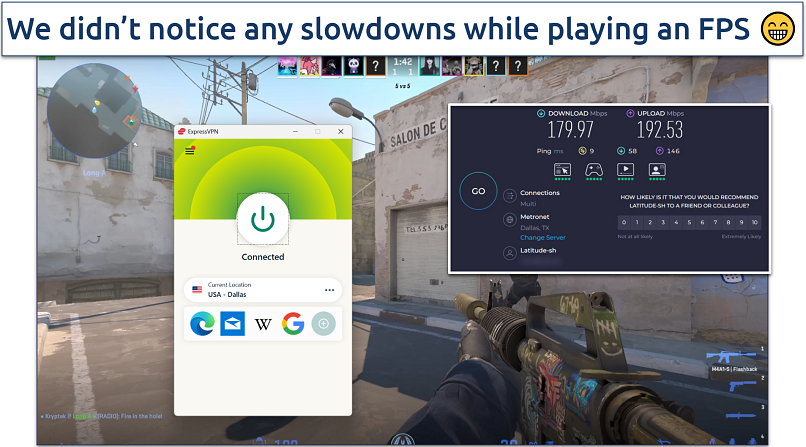Screenshot of ExpressVPN connected to a Dallas server while playing Counter Strike 2