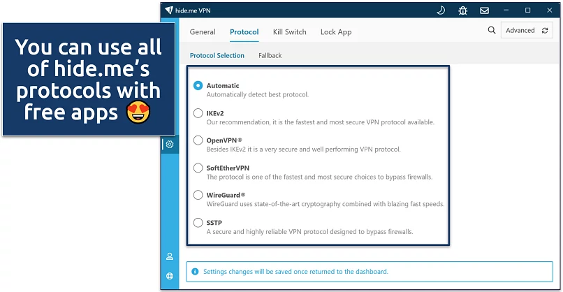 Screenshot of hide.me's free Windows app highlighting where to select a protocol