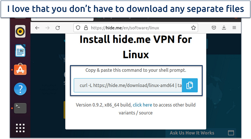 Screenshot of the installation page for hide.me's Linux application
