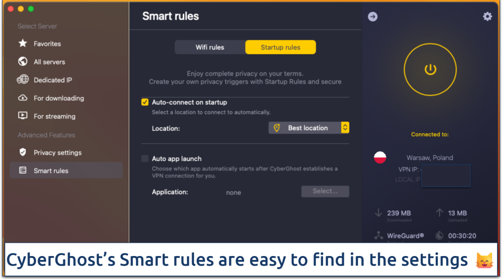 Screenshot of CyberGhost's Smart Rules settings in the app