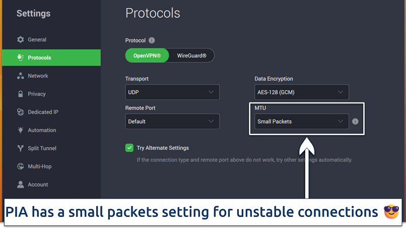 Screenshot of PIA's small packets feature in the settings menu