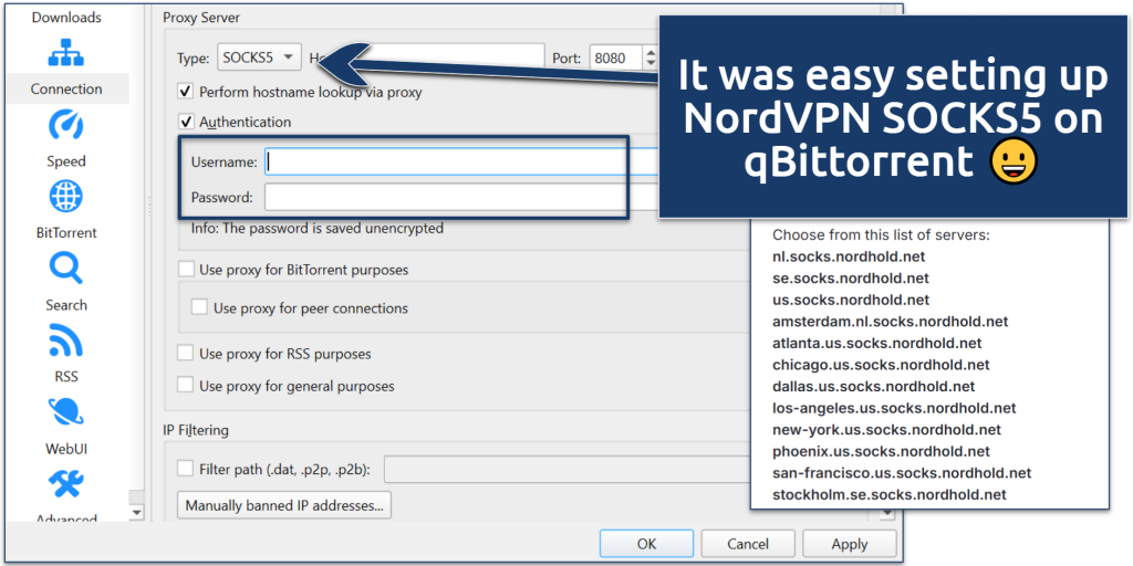 Screenshot showing the SOCKS5 proxy settings in qBittorrent