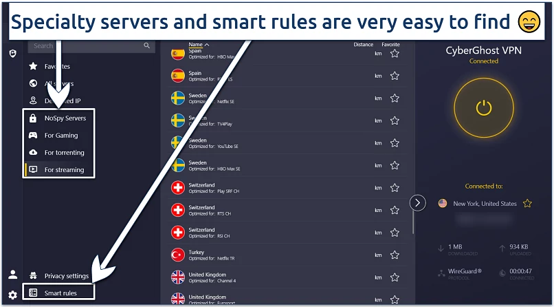 Screenshot of CyberGhost Windows app interface with Smart rules and specialty servers highlighted