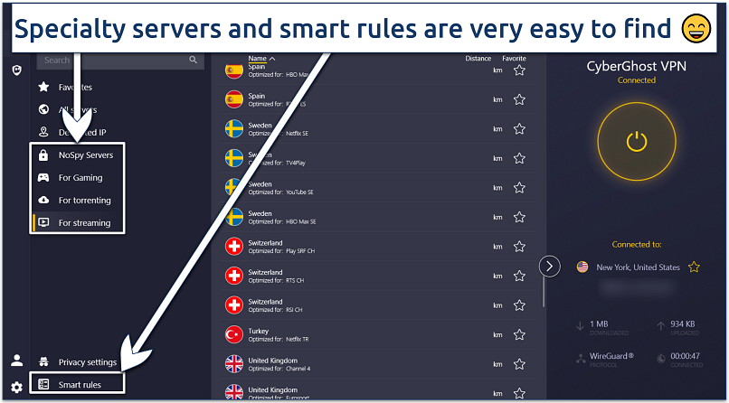 Screenshot of CyberGhost Windows app interface with Smart rules and specialty servers highlighted