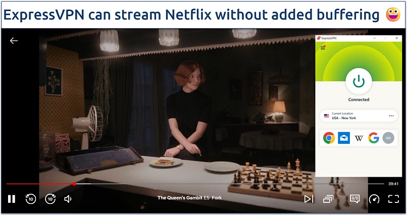Screenshot of ExpressVPN USA-New York server streaming The Queen's Gambit