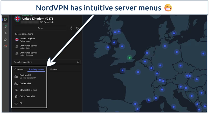 Screenshot of NordVPN's Windows app highlighting the specialty servers